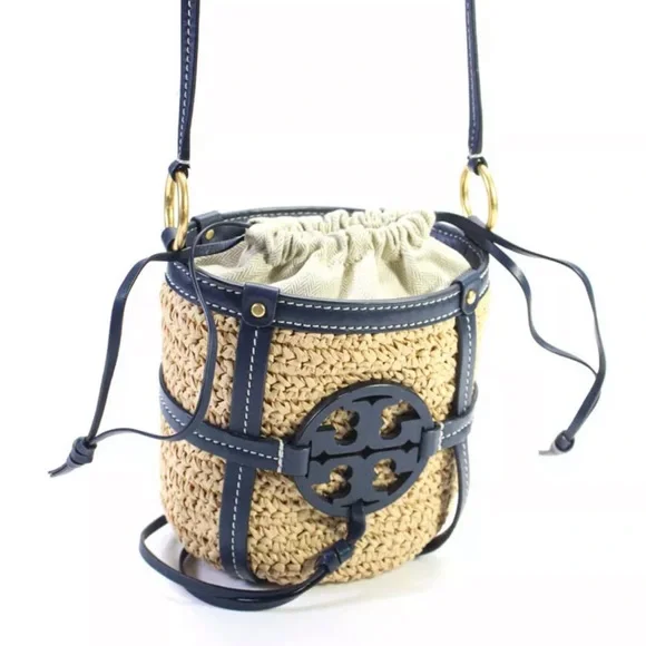 Tory Burch Leather Trim Basket Weave Drawstring Bucket Bag Blue - Picture 3 of 12